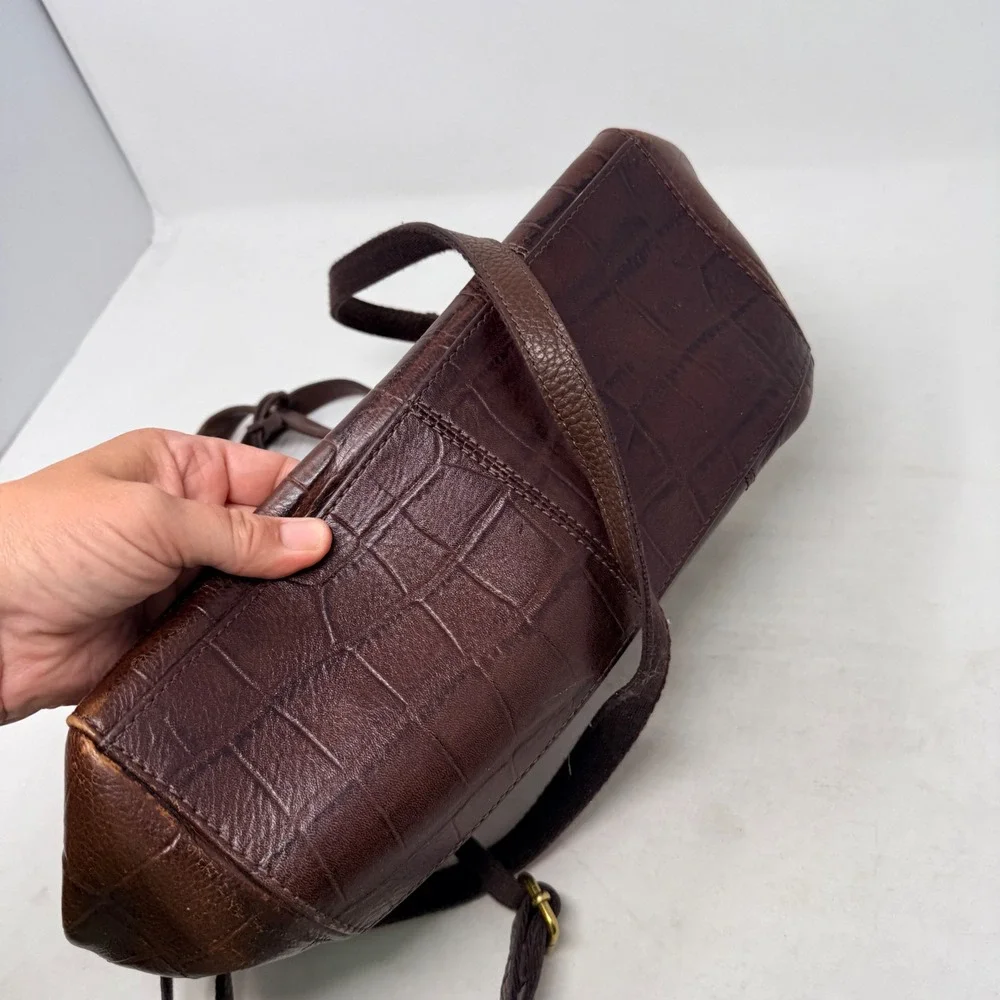 Vintage Fossil Satchel Brown Medium Croco Embossed Leather Crossbody Bag